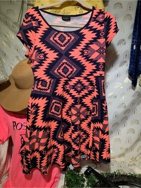 Girls' Coral and Navy Aztec Print Casual Swing Dress